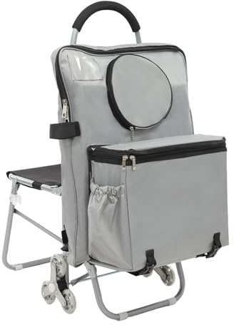 KANBCNG Einkaufstrolley Treppensteiger Trolly Einkaufswagen Klappbar Treppenwagen mit Oxford-Stoff Sitz Treppensteigen mit 3 Rädern Sackkarre zum mit Aufbewahrungstasche für Zeichnungen (Silber)