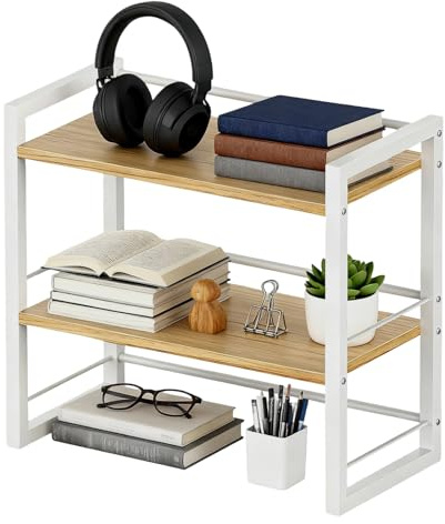 Schreibtisch-Regal-Organizer, Bücherregal, Mini Regal Desk Shelf Aufbewahrungsregal für Schreibtisch-Bücherregal, 2 Etagen Kleines Regal Desk Shelf aus Holz und Metall, für Küche Wohnzimmer (Weiß)