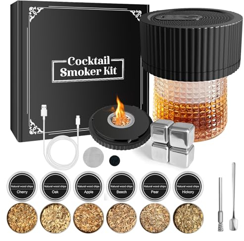 Electric Whiskey Smoker Kit Cocktail Smoker Kit with 6 Wood Chip Flavors Old Fashioned Drink Smoker Kit for Bourbon Whiskey Cocktails Home Bar Accessories Whiskey Gifts for Men Dad Husband