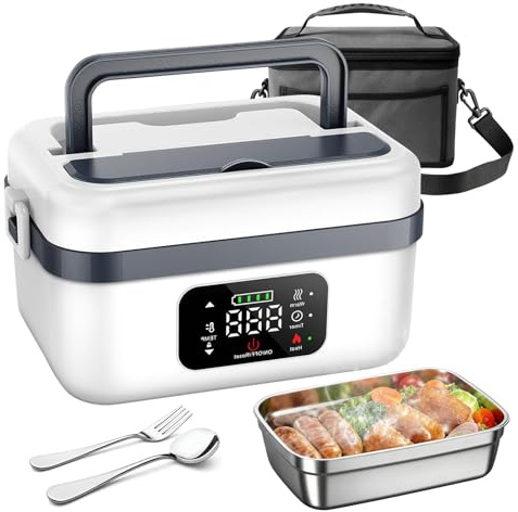 1L ciotola riscaldata, ricaricabile pranzo scatola elettrica con timer e funzione, uso di 70 min/impermeabile e lavabile/custodia staccabile, per lavoro/auto/cantiere/power bank (bianco)