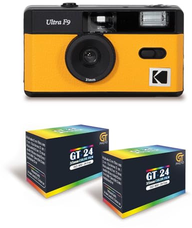 KODAK Ultra F9 - Appareil Photo Argentique Réutilisable 35mm, Objectif Fixe 31mm F/9, Flash Intégré, Chargement Facile, Rembobinage Manuel - Jaune + 2 Pellicules Couleur 24 Expositions