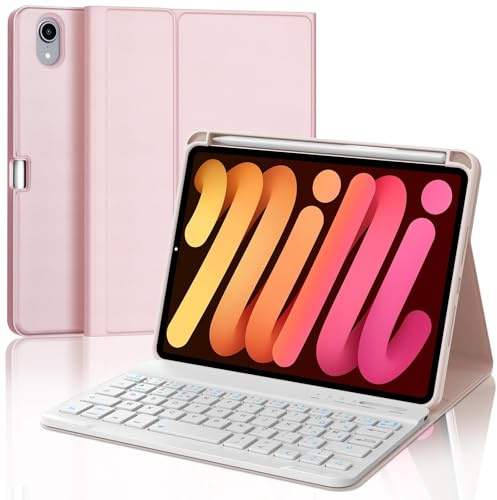 IVEOPPE Coque Clavier iPad Mini 7 (A17 Pro)/6 8.3, Rechargeable Etui Clavier Français AZERTY Détachable pour iPad Mini 7 8.3 2024/iPad Mini 6 8.3 2021, Rose