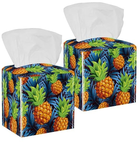 2PCS Square Tissue Box Cover, Pineapples Tropical Fruits with Palm Leaves Leather Tissue Case Facial Paper Organizer Dispenser for Vanity Toilet Tank Dresser Night Stand Table Countertop Office Car