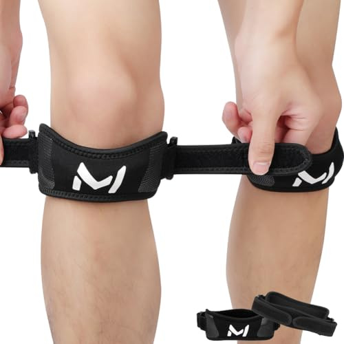 AOOSU Rodillera Rotuliana, 2PCS Cinta Rotuliana Soltero Ajustable, Rodilleras Menisco y Ligamento, Rodillera para el Tendón Rotuliano Alivio de Tendinitis para Correr Gym(Negro y Gris-B)