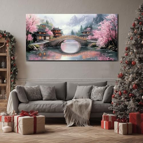 ZORYAN Tableau Decoration Murale Salon Japonais Sakura Grand 50x100 cm | Impression sur Toile Paysage Fleur de Cerisier Cadre Mural Moderne Oriental Pont Peinture pour Chambre Adulte Bureau