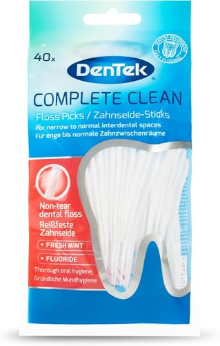 DenTek Complete Clean Zahnseide Sticks (40 Stk.) – Zahnsticks mit Minzgeschmack – Für Zahnzwischenräume – Flosser mit Zungenschaber und Zahnstocher für frischen Atem und Zahngesundheit (Packung mit 5)