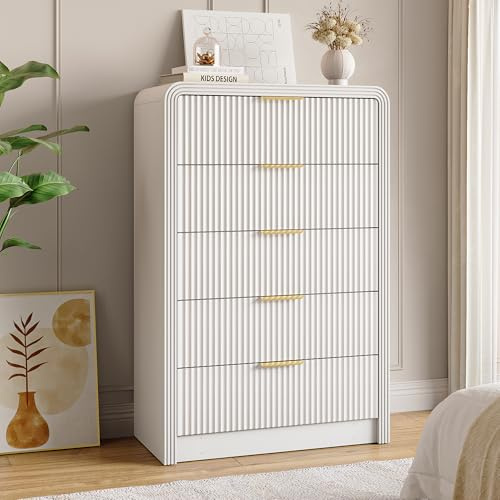 Decofy Fluted 5 Drawers Dresser, 48 Tall Modern Chest of Drawers with Round Edge & Metal Handle, Wood Drawer Organizer for Living Room, Bedroom, Entryway, Hallway (White)