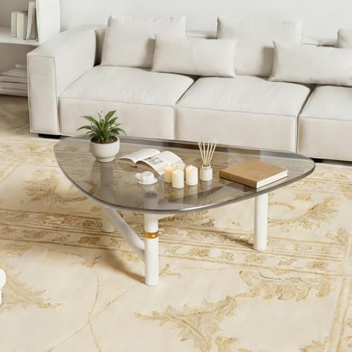 Dreieckiger Glas-Couchtisch, Modern Couchtisch mit weiße Beine und klares verdicktem gehärtetem Glas,Kleiner Teetisch mit Stabiles Metallgestell für Wohnzimmer Büro, 91*74*41.5cm, Beistelltisch