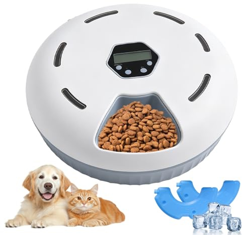 Automatischer Katzenfutterautomat Nassfutter, NAVESO Katzenfutterautomat mit Timer, Nassfutter Automatischer Katzenfutterspender, 6-Zellen Katzenfutterautomat mit 2 Eiskristallbox für Katze und