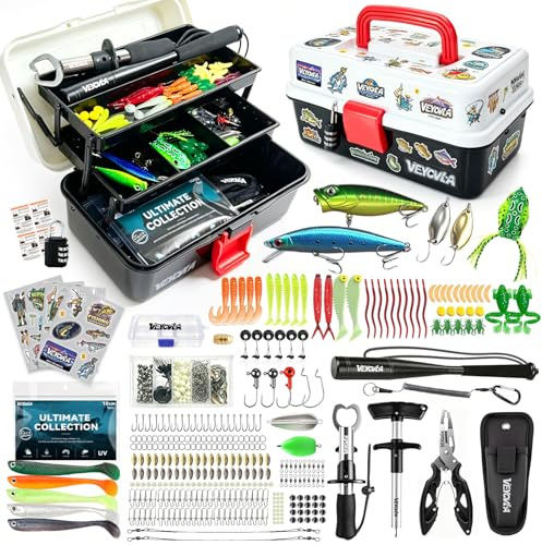 376 Pièces, Mallette de Rangement avec Outils de Pêche - Assommoir, Pince, Détache-hameçon, Leurres, Plombs et Hameçons adaptés à Sandre, Perche, Truite, Parfait Cadeau pour Débutants