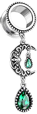 Piercingfaktor Flesh Tunnel Ohr Piercing Plug Edelstahl mit Tropfen Stein Tribal Vintage Mond Charm Anhänger Schraub Silber Smaragd Grün 16mm
