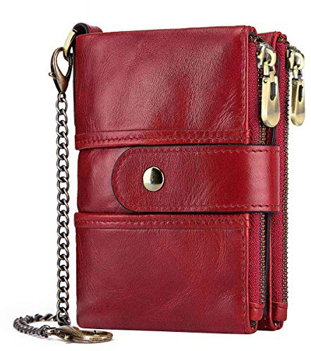 Damen Geldbörse mit RFID Schutz Echtleder, Geldbörse mit Kette mehrere Fächer Geldbörse für Frauen mit Doppelreißverschluss, kleines Faltfach für Münzen, 16 Kartenfächer (Rot)