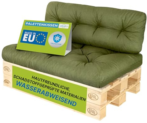 Pillows24 Palettenkissen 2-teiliges Set, Wasserabweisend & UV-fest | Palettenkissen Outdoor & Indoor für Europaletten 120x80, Palettenuflage für Palettensofa, für Garten, Made in EU, Grün