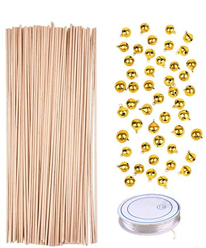 Super Idee 50stk. Holzstäbe Glücksstäbe 30cm+50stk. goldenen Glöckchen+5 Meter Elastikband für DIY Wedding Wands Hochzeit Geburtstag Party Perfekt zum Basteln