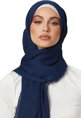 Shoes Lane Ladies Maxi Long Crinkle Frayed Edges Crimp Mix Cotton Scarf Hijab Shawl Wrap (Navy)