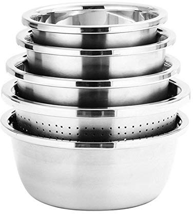 Seiher Edelstahl und Rührschüssel Set,Seiher Küchensieb Nudelsieb Reis Waschschüssel Salat-Sieb Schüsselset Stapelbar Salatschüsseln Strainer Basket Set (5pcs/set)
