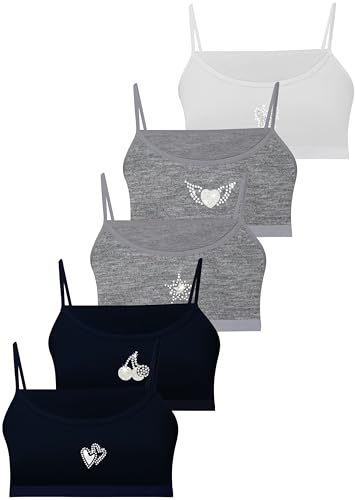 LOREZA ® 5 flickor bustier av bomull med strass spagettiremmar bh, sport bh, storlek 140–170, M-223 – 5 mix, 140-146