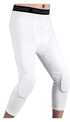Topeter Basketball Leggings with Knee Pads 3/4 Compression Pants for Lacrosse Football White 2XL