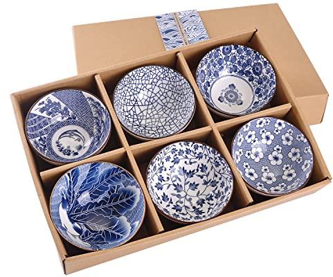 WHJY Blue and White Chinese Japanese Ceramic Rice Bowl 10 oz, Sakura Bowl Gift Set, Serving Bowls Dinnerware Bowls for Rice, Cereal, Noodle, Soup, Desserts, Set of 6