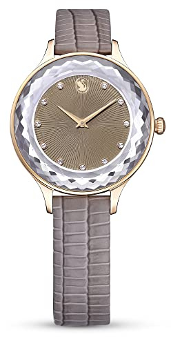 Swarovski Octea Nova Uhr, Damenuhr mit Roségoldfarbenem Gehäuse, Schwarzem Zifferblatt, Swarovski Kristallen und Schwarzem Lederarmband