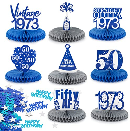50. Geburtstag Tischdeko Set Vintage Blau Silber 8 Stk Bienenwaben Deko Tischaufsätze mit 15g Happy Birthday Konfetti Tisch Ornamente für 50. Geburtstag 50. jährige Jubiläum 50 Jahrestag usw.
