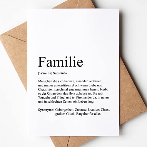 KAMEWI® Grußkarte FAMILIE Definition | Klappkarte mit Briefumschlag aus Kraftpapier | Glückwunschkarte Bedanken Geschenk Schwangerschaft Geschwister Geburtstag Eltern Kleinigkeit Geschenkidee
