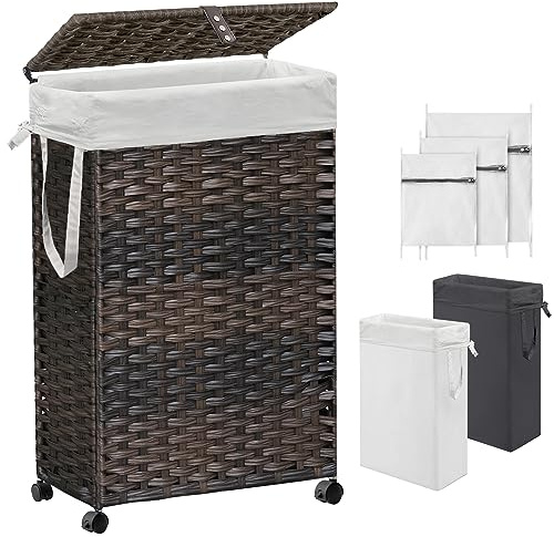 70L Slim Laundry Hamper with Lid & Wheels, Rolling Laundry Basket with 2 Removable Liner Bags & 3 Mesh Bags, Narrow Dirty Clothes Basket, Foldable Handwoven Rattan Laundry Sorter, Brown