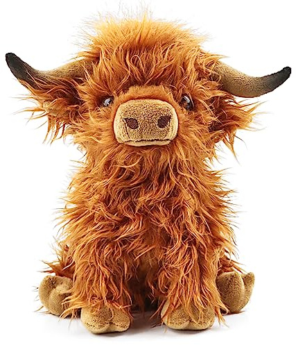 Toaje Highland Cow Stuffed Animal Realistic Scottish Cow Plush Toy Soft Farm Animal Cattle Plushie Doll Present for Adults Kids Boys Girls (Brown Cow, 10.8 Inch)