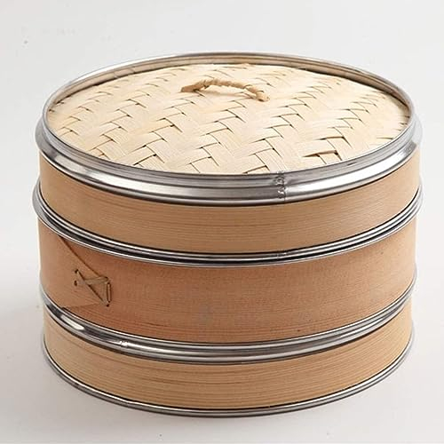 SPUZZO Bambus-Dampfgarer, 2 Etagen, 1 Abdeckung, natürlicher Bambus-Dampfgarer, Fisch, Reis, Gemüse, Snackkorb-Set, Knödel-Dampfgarer, Dampftopf 25 cm, chinesische Küchenutensilien