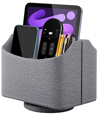 Soporte de mando a distancia giratorio 360°, almacenamiento de mando a distancia para TV, organizador de piel sintética con 5 compartimentos, organizador de escritorio multifunción para mesita de