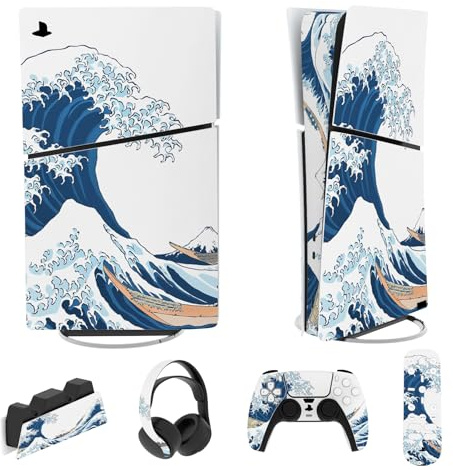 PlayVital Full Set Skin Sticker für ps5 Slim Konsole Digital Edition | Vinyl Aufkleber, Schutzfolie Folie für PS5 Controller, Ladestation, Headset& Medienfernbedienung, The Great Wave Off Kanagawa