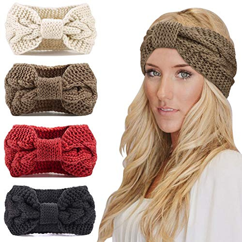 DRESHOW 4 Paket Virkade Öronvärmare Pannband Mjukstickad Turban Stretch Pannband Värmare för Kvinnor Vinter