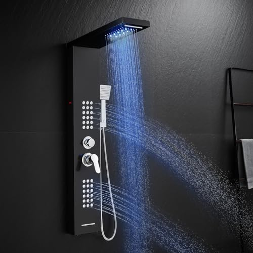 ROVATE LED Shower Panel Tower System Stainless Steel, Rainfall Waterfall Shower Panel with Jets and Handheld, 5 in 1 High Pressure Shower Tower System with Tub Spout, Black