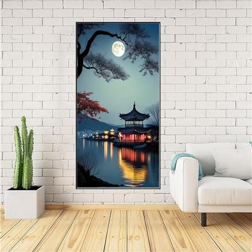 WEEPEF Diamond Art Kits Adults, 5D Large Diamond Painting Moon Pavilion DIY Full Round Drill Cross Stitch Crystal Art Diamond Pictures for Home Canvas Decor Sequin Gem Arts Crafts 6x12inch W-6934