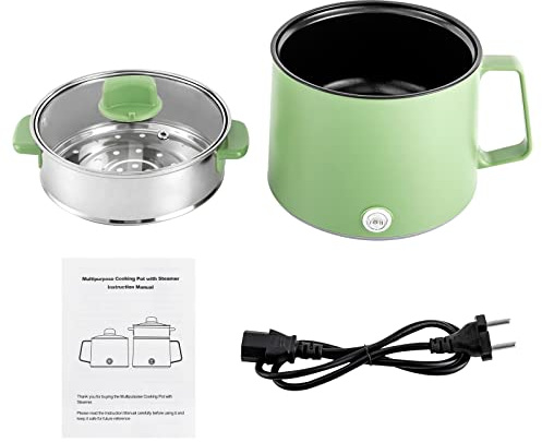 WEIGR Olla eléctrica de 600 W, olla caliente ramen, olla antiadherente con cesta al vapor, sartén eléctrica portátil multiusos para el hogar, la oficina y el dormitorio universitario (verde)