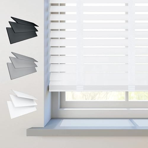 REHAN & CO Faux wood window Venetian Blinds 50mm Slats with String/Tape Blinds Aluminium Headrail Trimmable Child Safe Home Office Window Blind (White Tape, 90Wcm x 150Hcm)