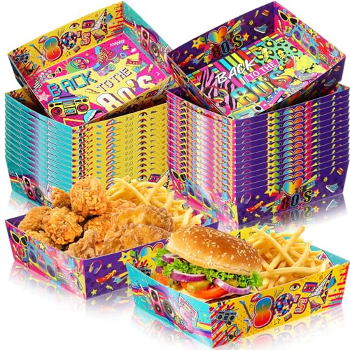 Layhit 36 Pack 1980s Neon Rock Hippie Boats Paper Serving Trays for 1980s Retro Party