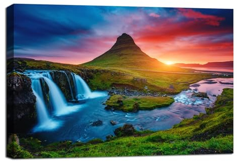 Visario Leinwandbild 120x80 cm 5040 Wasserfall Berge Natur Landschaft - Bild auf Leinwand fertig gerahmt Wandbild Wohnzimmer Schlafzimmer - Kunstdruck Wanddeko modern einteilig Holzrahmen Dekoration