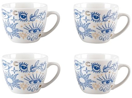 GENEVIEVE LETHU 540694 Set de 4 Tasses de 10 cl en Porcelaine - Colection MATAKI Coloris Blanc-bleu-doré - Tasses à café, expresso dans boîte coffret