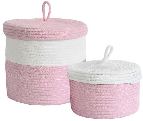 Oenothera 2 Stücke Korb Aufbewahrung, Korb Geflochten mit Deckel für Pflanzen, Badezimmer Wickeltisch Zubehör, für Kinderzi（Rosa）