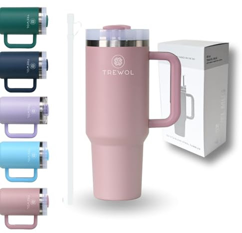 TREWOL Vaso Térmico con Asa y Pajita 1200ml – Acero Inoxidable – Mantiene Bebidas Frías 24h y Heladas 48h – Compatible con Portavasos de Coche – Tapa Antiderrame (Rosa)