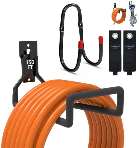 3-H Schlauchhalter 4er-Set,Wandhalterung für Gartenschlauch Kabel,Schwarz | Für Wasserschlauch & Verlängerungskabel. Inkl. Aufbewahrungsgurt. Robust, rostfrei, ideal für Garage Garten & Werkstatt