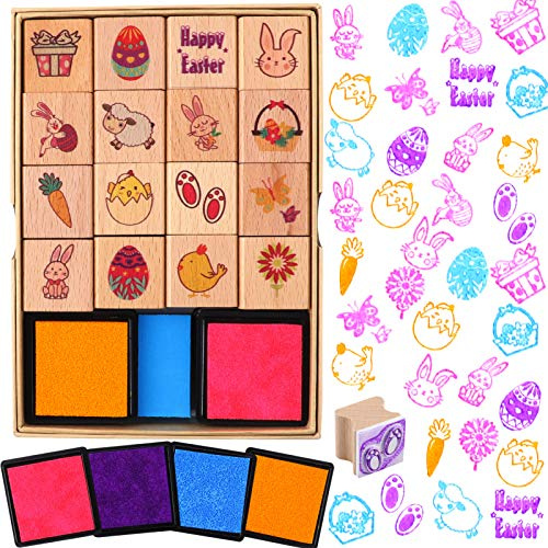 DPKOW Ostern Stempel für Kinder Basteln Geschenk, Hölzern Stempel mit Stempelkissen für Kinder Beschäftigung Ostern DIY Karte Scrapbooking Drucken Gadget