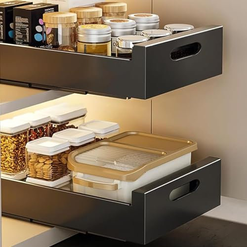 2 robuste ausziehbare Schrank-Organizer-Regale für Küchenschrank und Badezimmer, Aufbewahrung, bohrfreies Schubladensystem (schwarz, 40 cm)