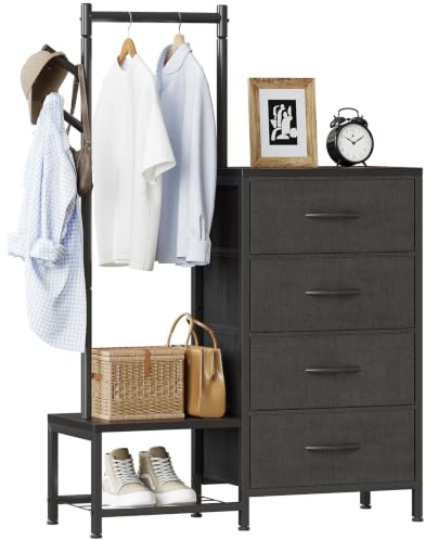ODK 3 in 1 Chest of Drawers Bedroom, 4 Fabric Drawers, Black, 30x75.5x120cm | with a Sturdy Clothes Rail and 2 Coat Hooks, Double-layer Shoe Rack Design at the Bottom, Suitable for Bedroom and Entryway