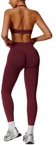 ABOCIW Set da allenamento da donna senza cuciture Scunch Butt Lifting Impact Leggings Halter Reggiseno sportivo 2 pezzi abiti da palestra, Rosso Borgogna, Small