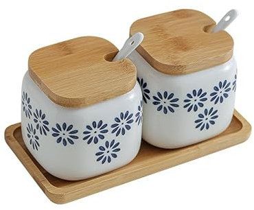 MAGICVOGEL 2er Set Gewürzdosen mit Deckel und Löffel Blumenmuster Gewürzbehälter Porzellan Zuckerdose mit Holztablett 360ml Salzdose Aufbewahrungsdose (Kamille-Blumen)