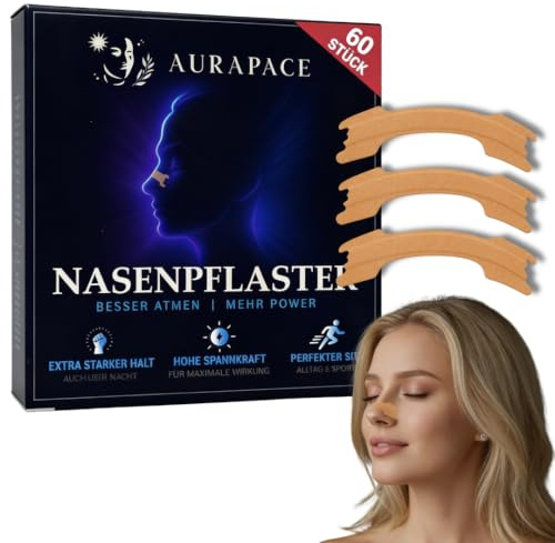 Aurapace Nasenpflaster 60 Stück – Nasenstrips für spürbar freieres Atmen bei Sport & Schlaf, extra starker Halt, hautfreundlich, kann Schnarchen reduzieren (Einheitsgröße)