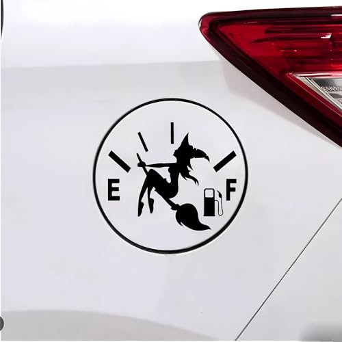 Hexen Tankdeckel Aufkleber für Autos - Magische Hexe auf Besen mit E/F Benzinsymbol - Wetterfester Vinyl-Sticker - Cooles Halloween Design (10x12cm, 2er-Set)