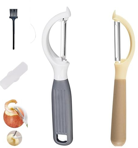 RQzaufania Set di 2 pelapatate girevoli in acciaio inox, protezione e spazzola per la pulizia, strumento di peeling da cucina per(grigio e cachi)
